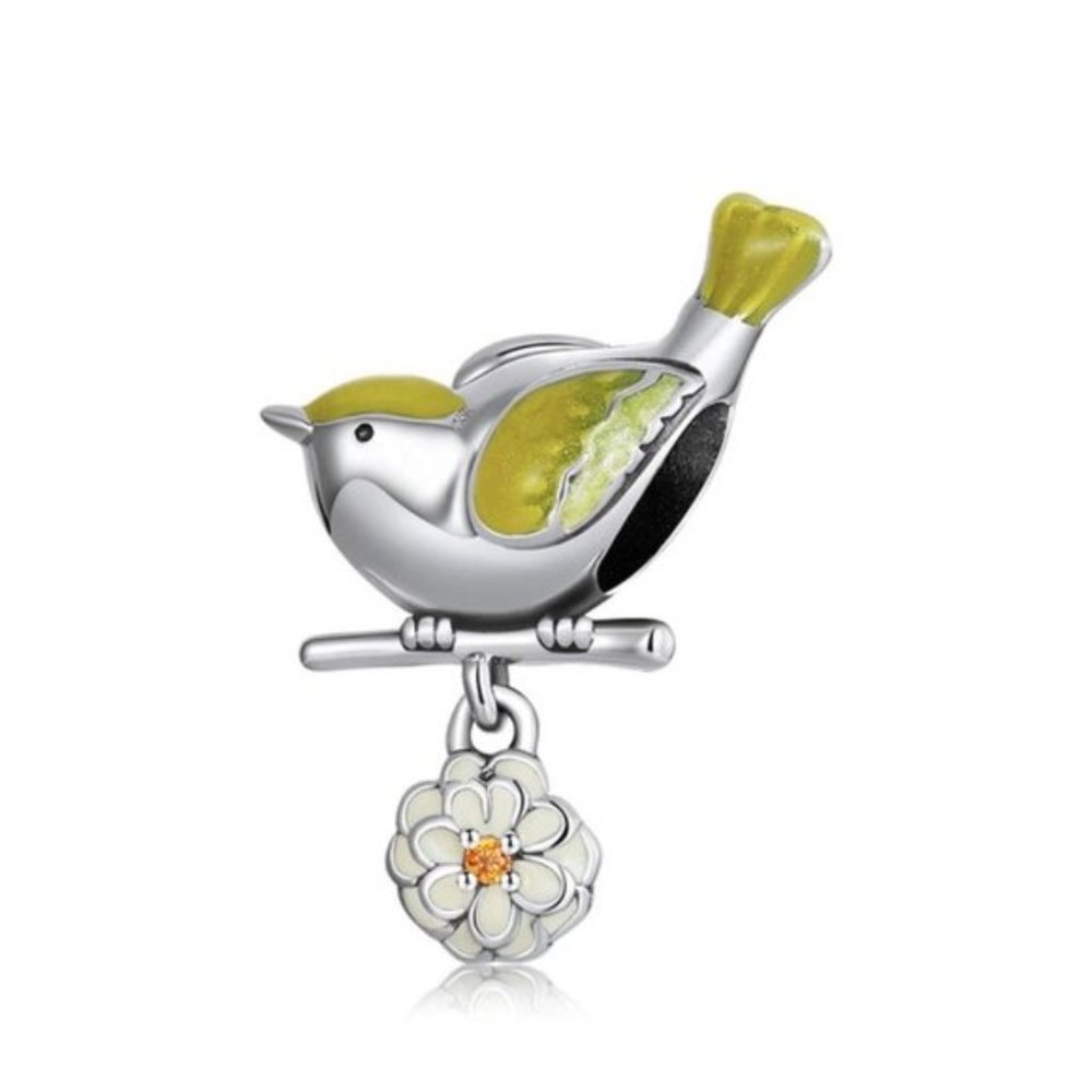 Sterling Silver with Enamel Bird on a Branch with Daisy Flower Dangle Charm